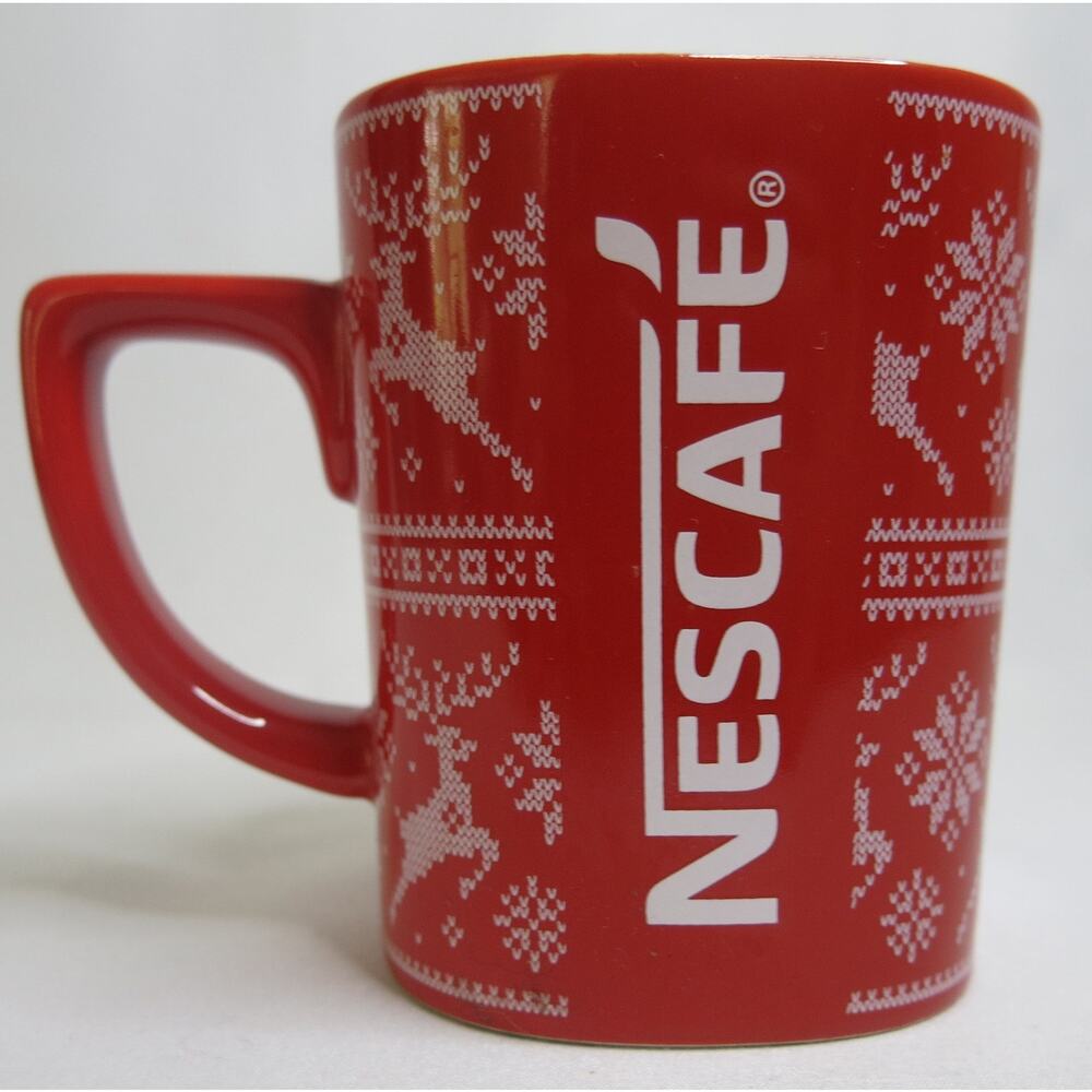 NESCAFE Coffee Mug Christmas Winter Reindeer Red White 11 Ounces Snowflakes
